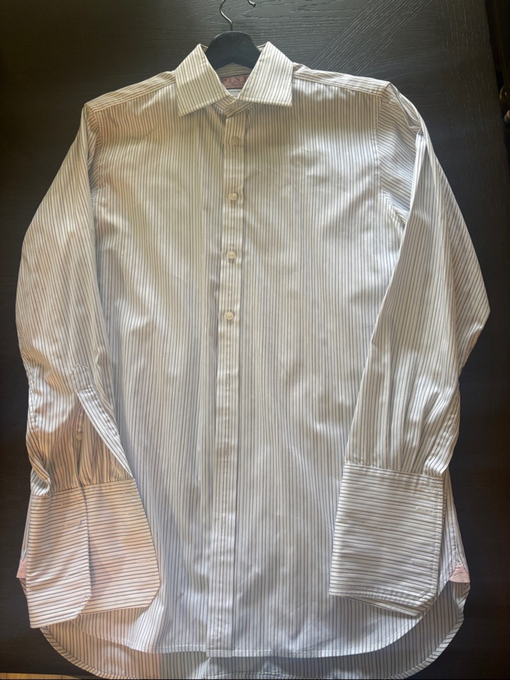 Thomas Pink White Dress Shirt with Thin Gray Stripes